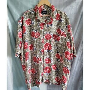 JT Beckett Mens XL Silk Hawaiian‎ Shirt Red Rose Floral Short Sleeve Vacation